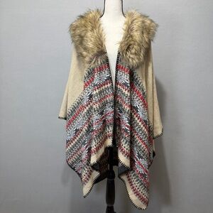 New Mixit Poncho OS Faux Fur Collar Boho Western Geometric Aztec Gypsy Shawl